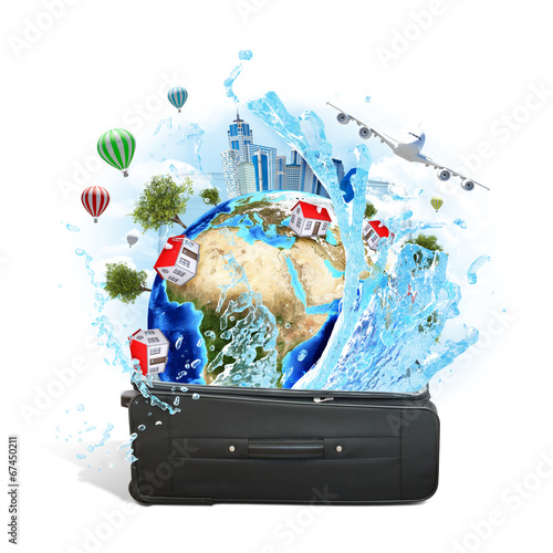 Earth with buildings and trees in travel bag