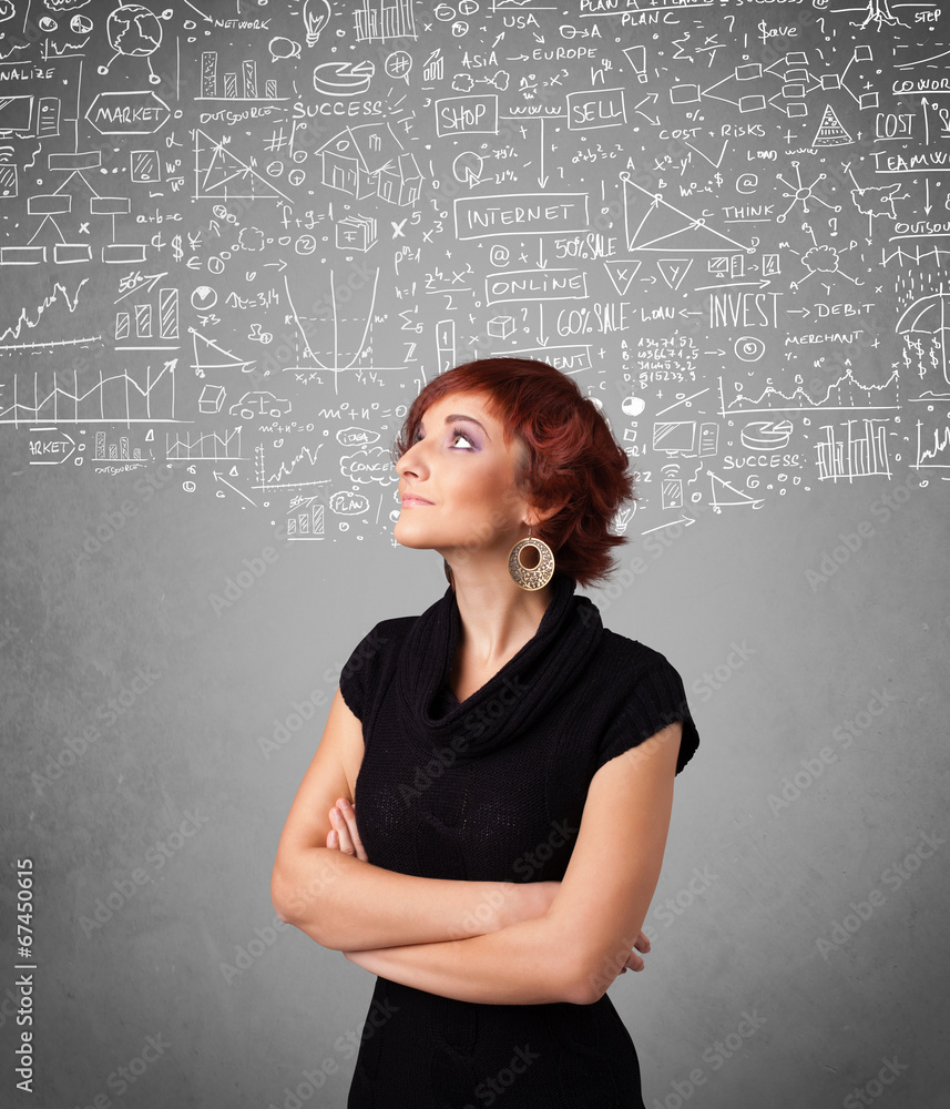 Young pretty lady with hand drawn calculations and icons Young pretty lady with hand drawn calculations and icons