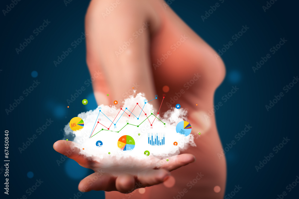 Young woman presenting cloud with charts and graph icons and sym