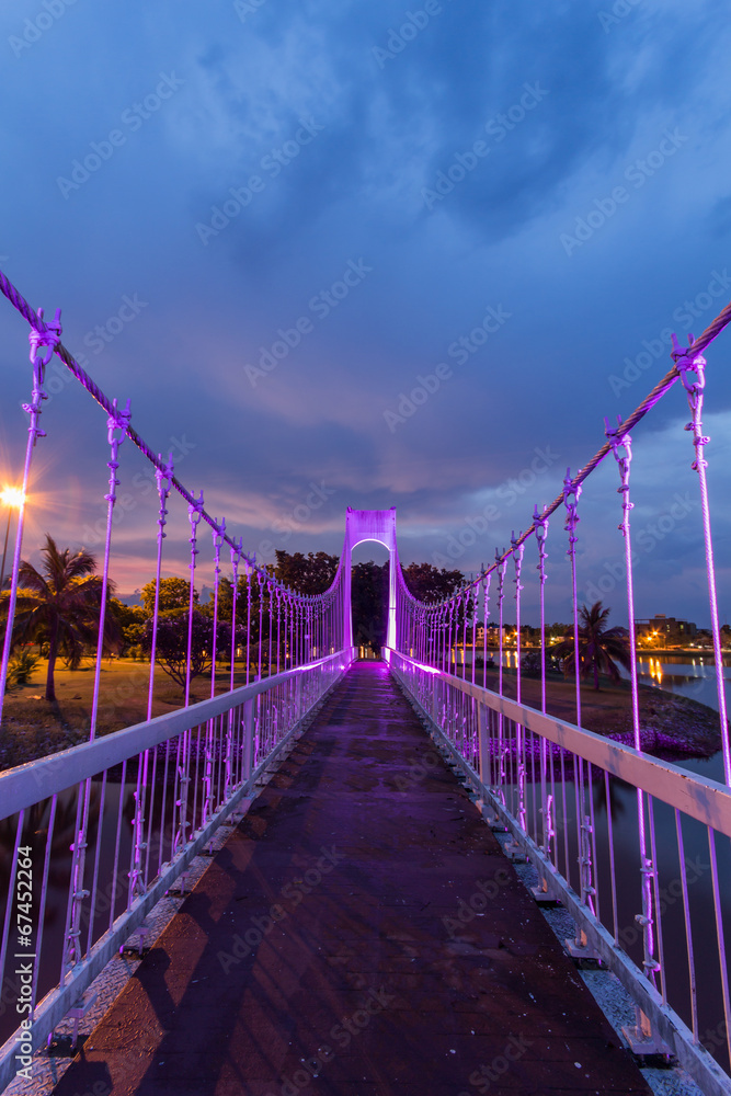 The metal rope bridge  in the park at twilight time