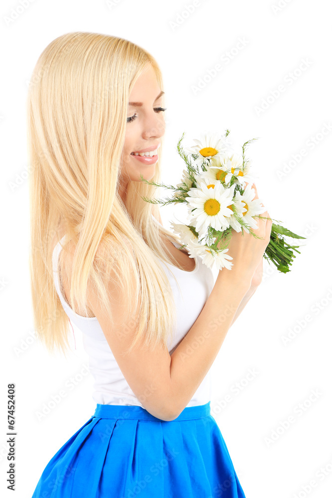 Young beautiful woman with flowers isolated on white Young beautiful woman with flowers isolated on white