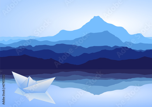 Blue mountains  lake and paper ship