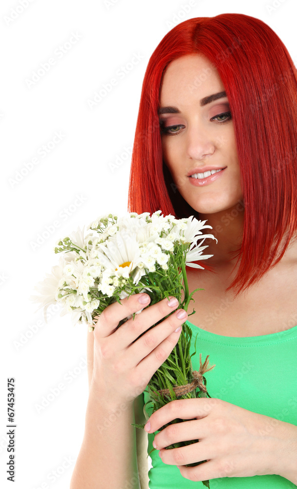 Beautiful young woman holding bouquet isolated on white Beautiful young woman holding bouquet isolated on white