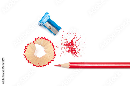 Sharpened pencil, shavings and sharpener