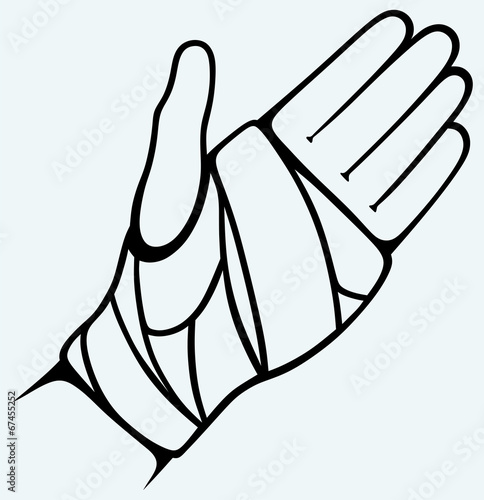 Hand tied elastic bandage. Image isolated on blue background
