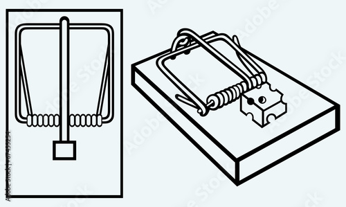Mousetrap with cheese. Image isolated on blue background