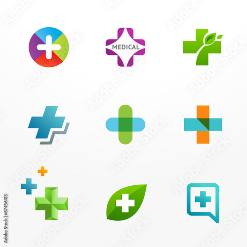 Set of medical logos with cross and plus icons