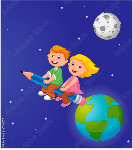 Fototapeta Chłopiec i dziewczynka jedzie ołówek opuszcza ziemię