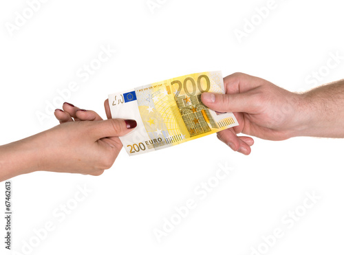 Woman giving 200 euro banknote to a man