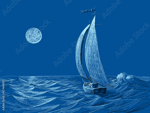 Night sea view sail boat in the moonlight