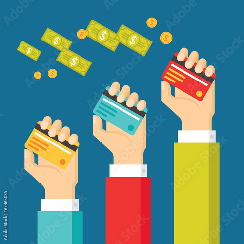 Human Hands with Cards and Money - Illustration in Flat Style