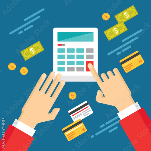 Hands with Calculator and Money - Illustration in Flat Style