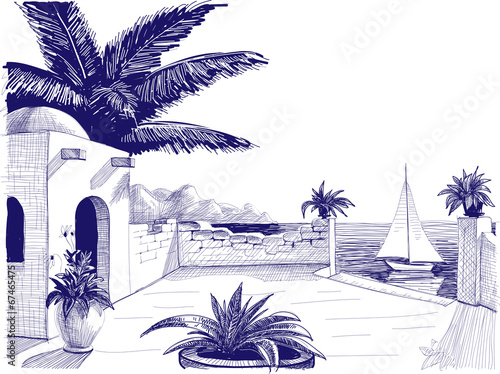 Sea view from house terrace on the beach sketch