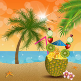 Pineapple with fruits on the beach