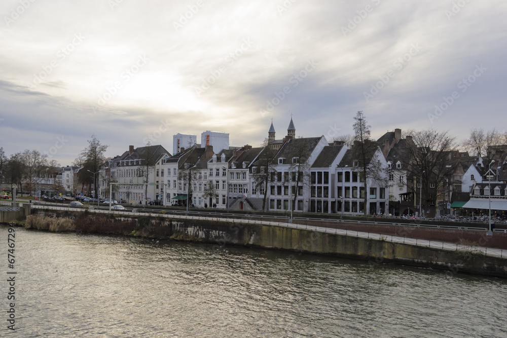 Panorama of Maastricht, Netherlands in cloudy calm winter day