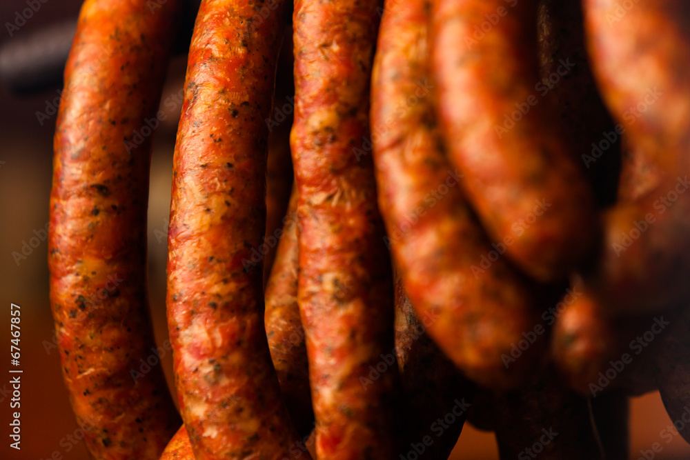 Traditional food. Smoked sausuages in smokehouse. Traditional food. Smoked sausuages in smokehouse.
