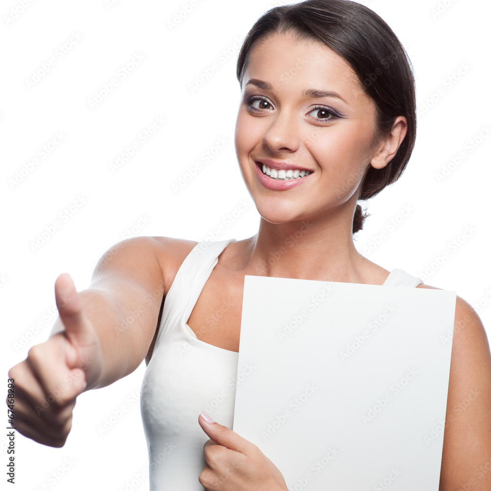 casual young brunette girl holding sign casual young brunette girl holding sign