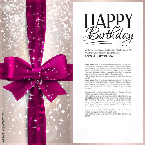 Vector birthday card with pink ribbon and birthday text.