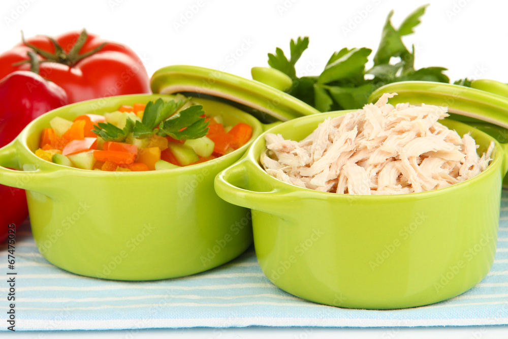 Shredded boiled chicken in green pan close up Shredded boiled chicken in green pan close up