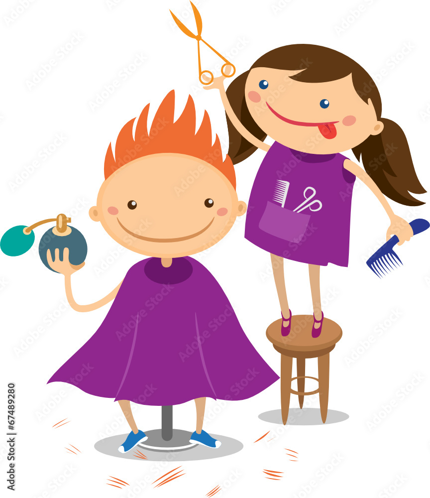 Illustration of a girl doing hairstyle boy Illustration of a girl doing hairstyle boy