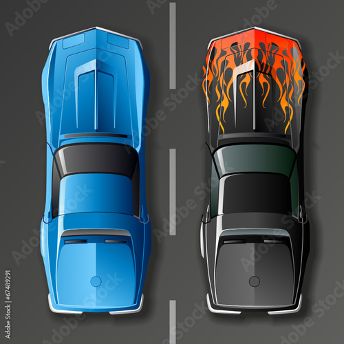 Vintage hot rod cars.top view.