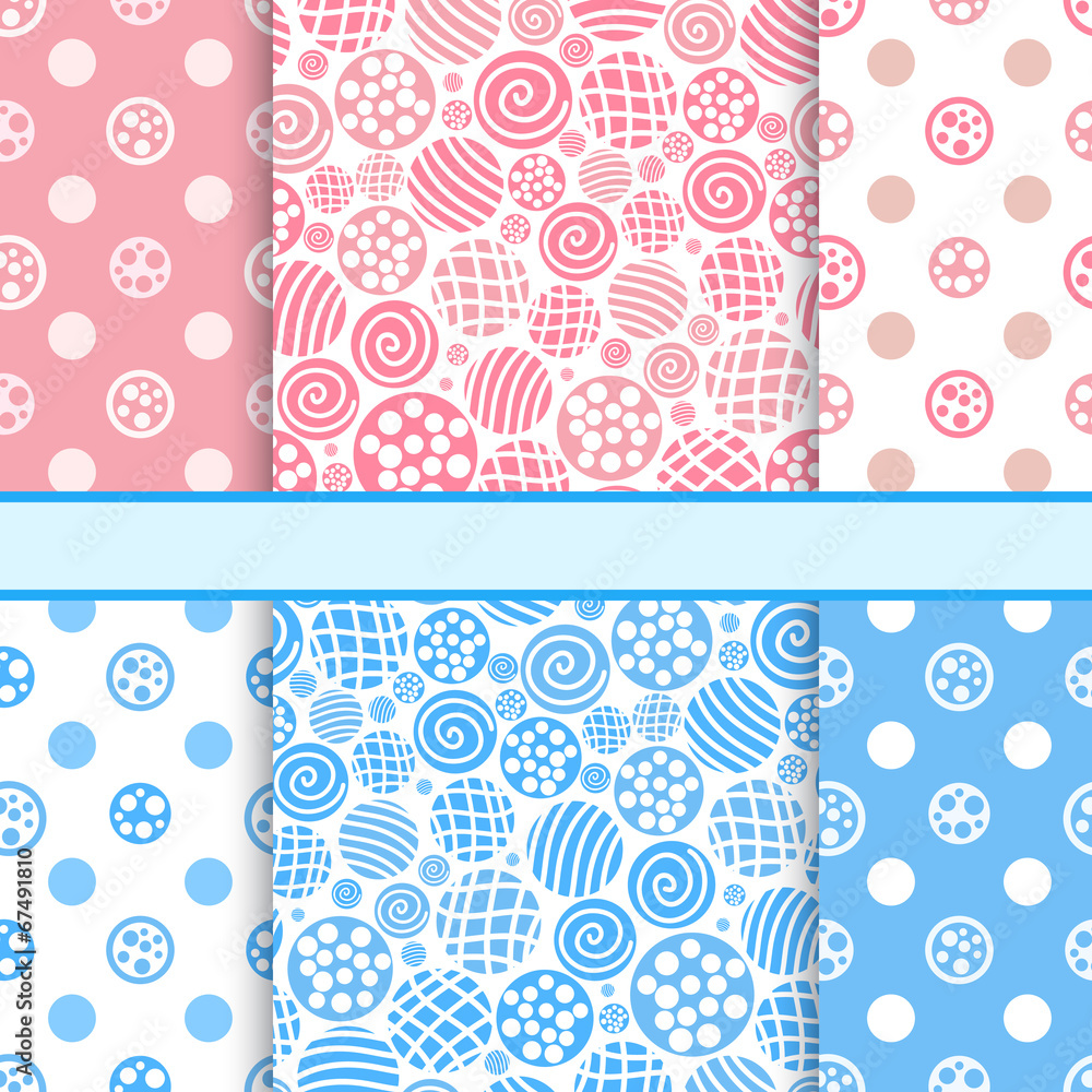 Fototapeta premium Pink and blue set of polka dot fabric seamless patterns - vector