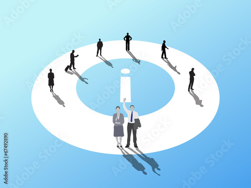 Business people standing around info symbol