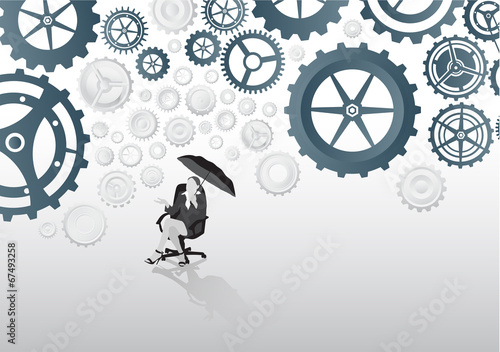 Businesswoman in swivel chair holding umbrella under cogs and wh