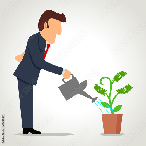 Simple cartoon of a businessman watering a money plant