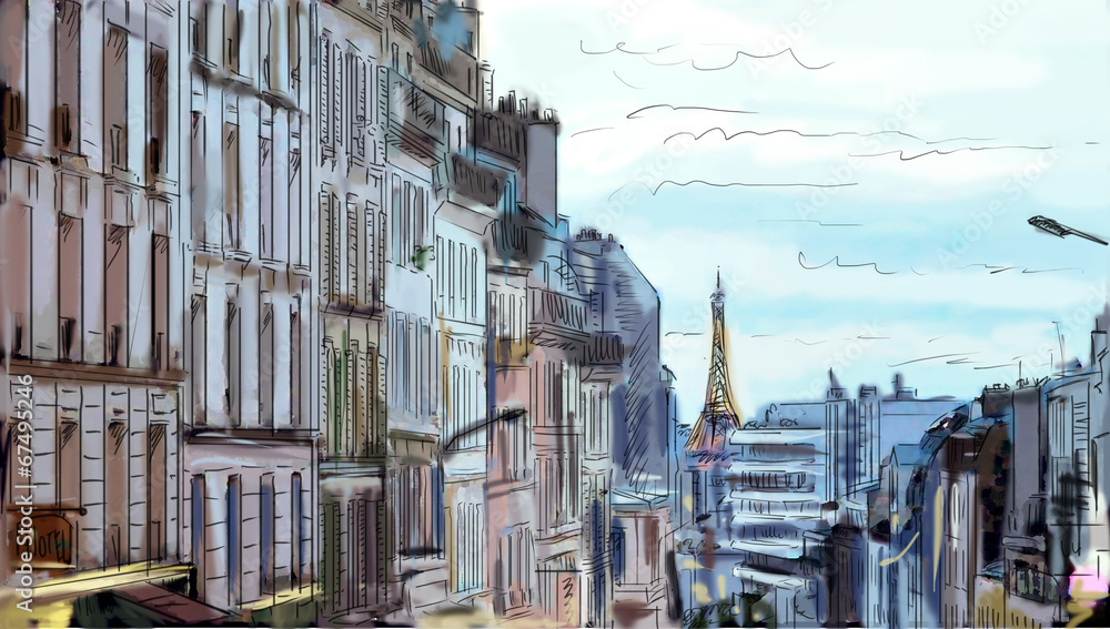 Street in paris. Eiffel tower - illustration Street in paris. Eiffel tower - illustration