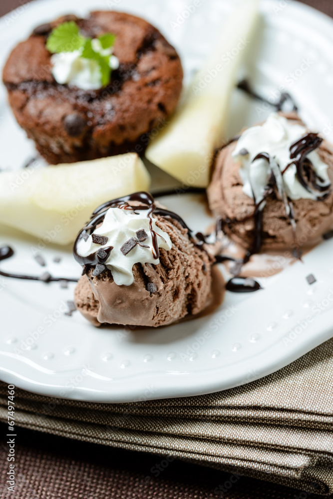 Schokomuffin,Soja-Eis und Birnen Schokomuffin,Soja-Eis und Birnen