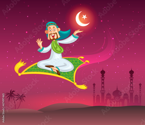 Muslim man flying on magic carpet wishing Eid mubarak