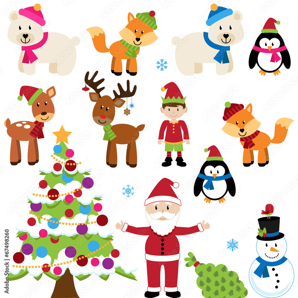 Vector Set of Christmas Animals, Santa Claus and Tree Vector Set of Christmas Animals, Santa Claus and Tree