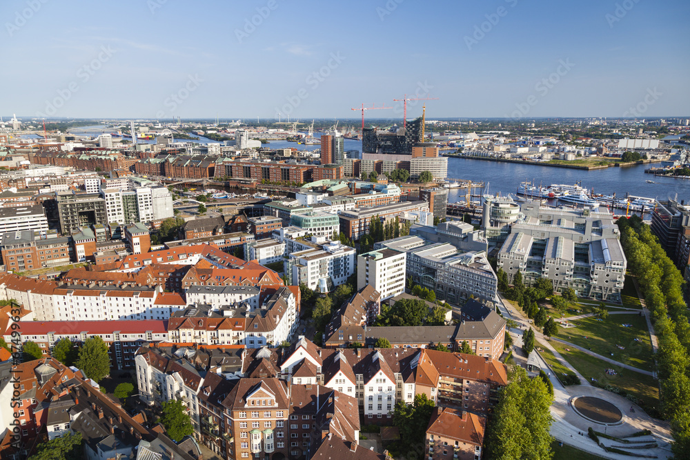View over Hamburg, Germany to the Speicherstadt