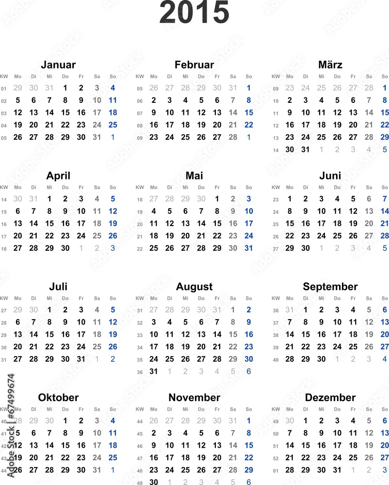 Kalender 2015 universal - ohne Feiertage - obrazy, fototapety, plakaty 
