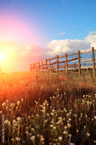 Fence in the green field under blue cloud sky