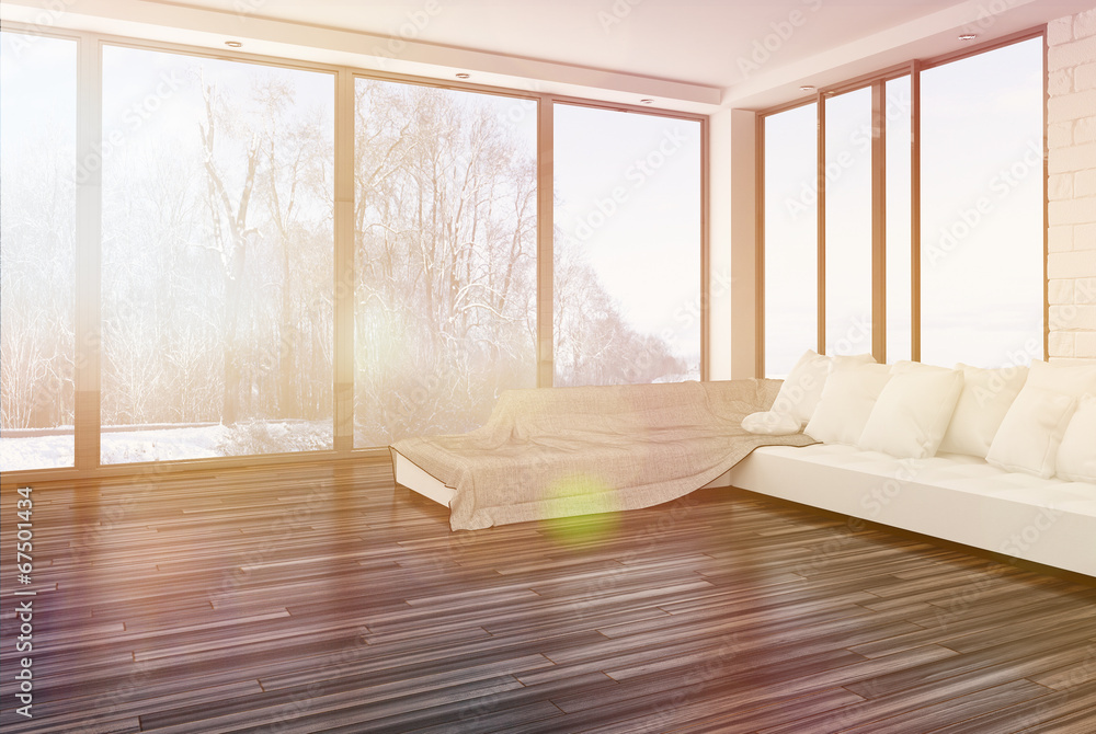 Fototapeta premium Bright airy sparsely furnished living room
