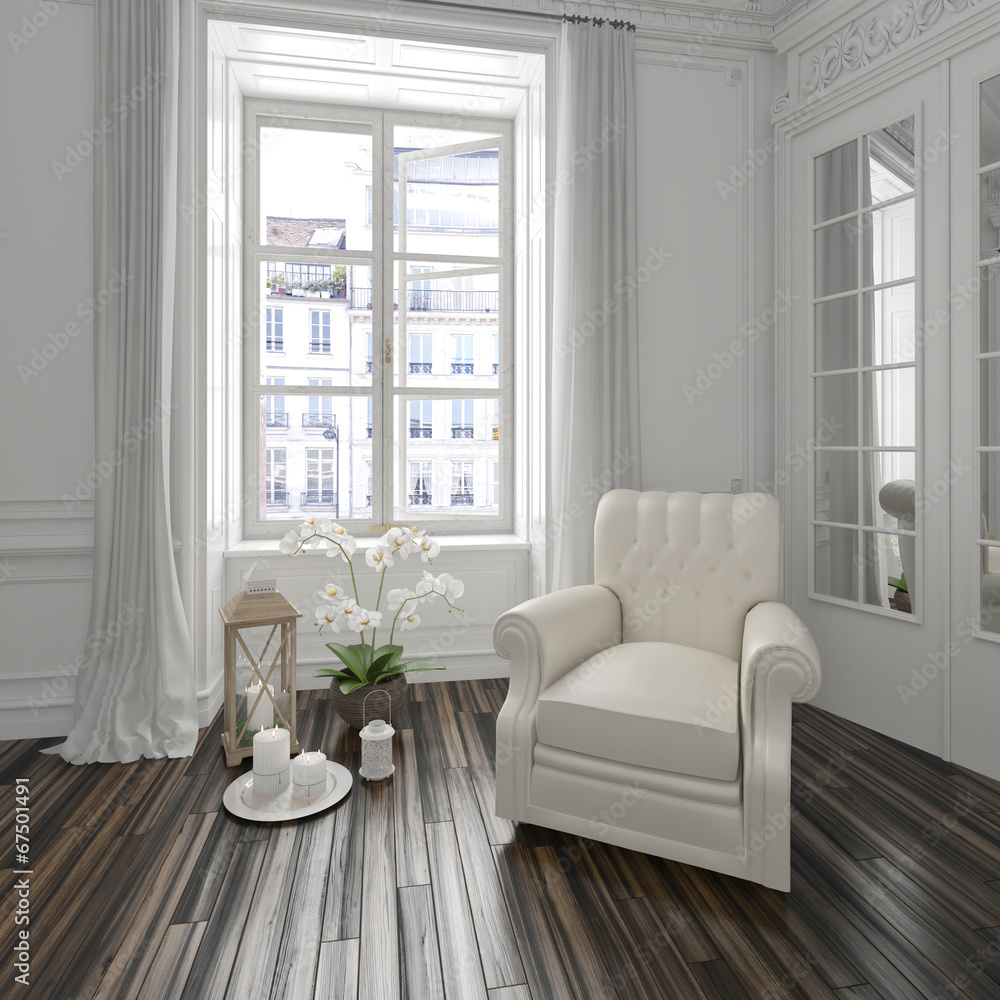 Fototapeta premium Bright airy white townhouse living room interior