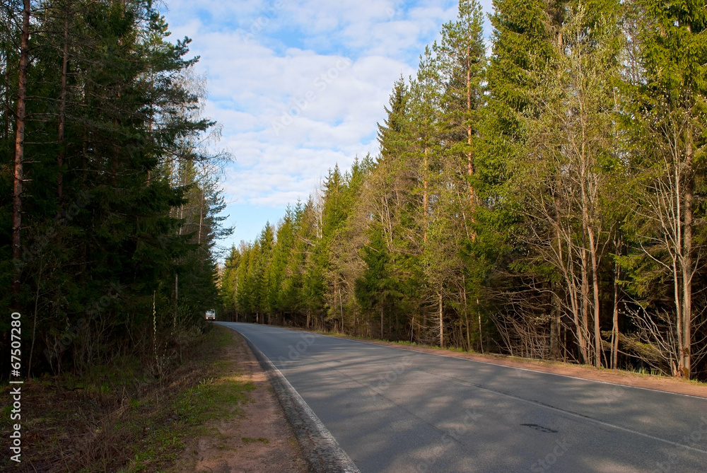 Asphalt road in the forest with a moving truck on it.