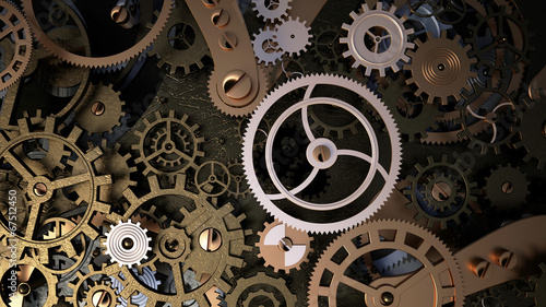 Background with metal cogwheels a clockwork. Macro, extreme closeup clock mechanism