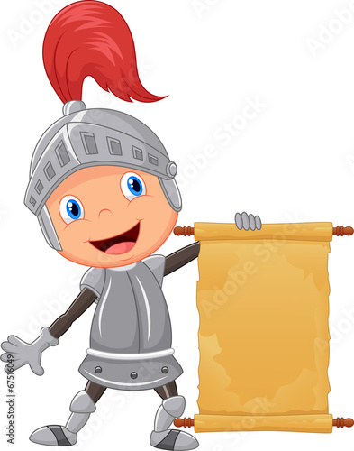 Cartoon knight boy holding blank announcement