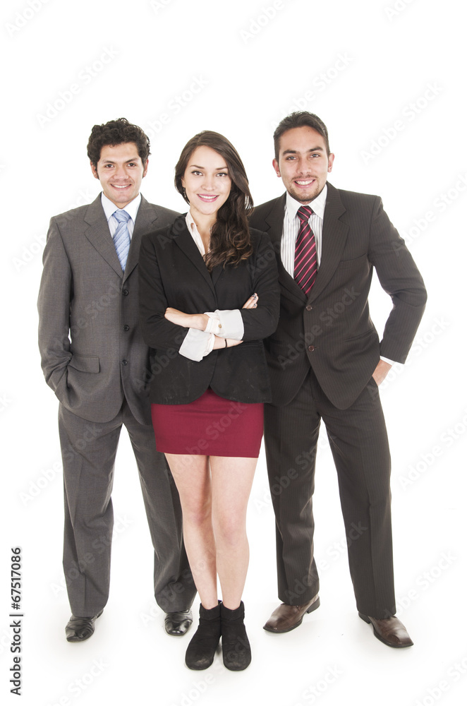 two elegant businessmen and a businesswoman in suits posing two elegant businessmen and a businesswoman in suits posing