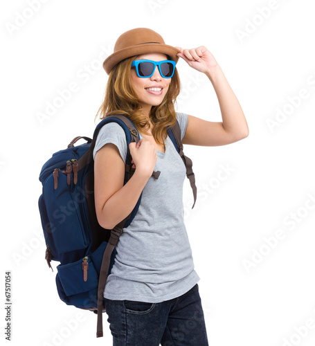 Asian woman with backapack and sunglasses