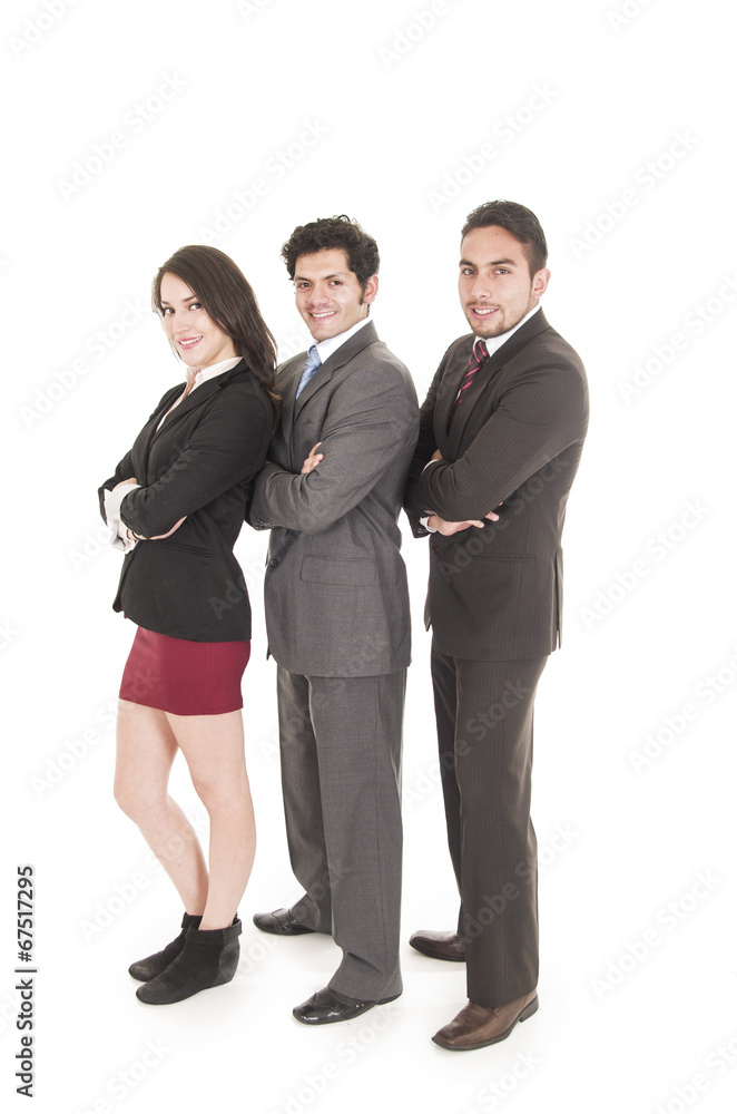 two latin businessmen and a businesswoman in suits posing two latin businessmen and a businesswoman in suits posing