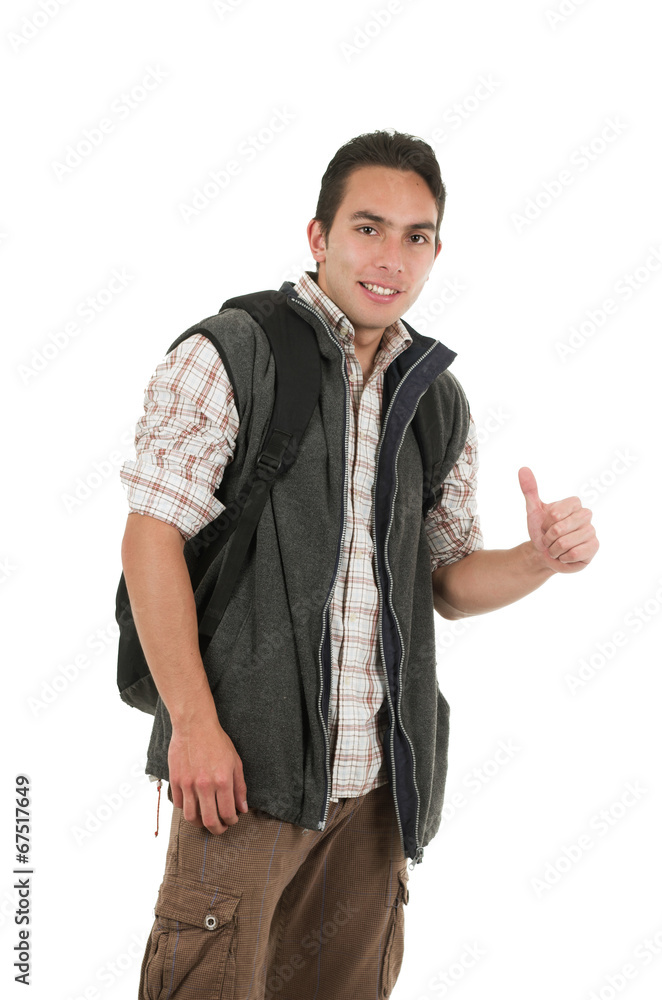 Fototapeta premium handsome latin young man wearing backpack and vest
