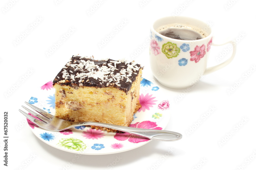 Delicious cheesecake on colorful plate and cup of coffee. Delicious cheesecake on colorful plate and cup of coffee.