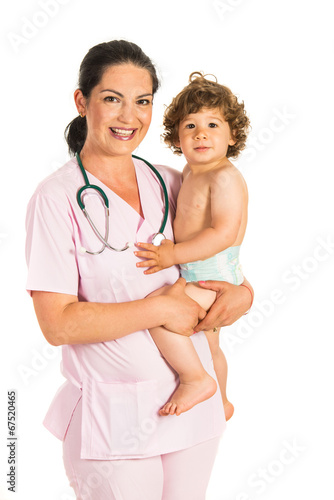 Happy doctor holding toddler boy photo