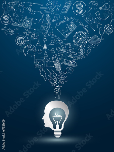head idea concept with light bulbs on blue background