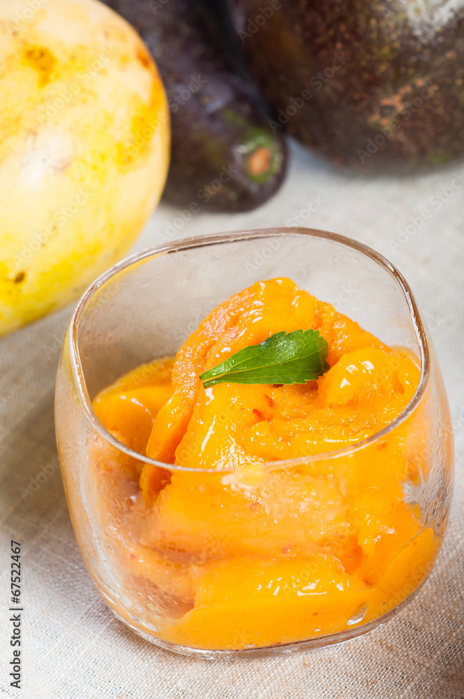 frozen mango pressed shake topped with stevia leaves frozen mango pressed shake topped with stevia leaves