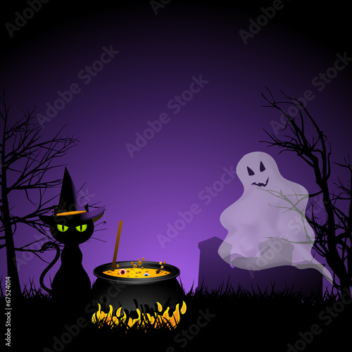 Halloween ghost and black cat with cauldronai